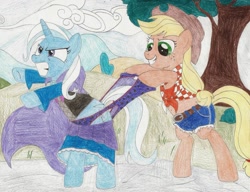 Size: 1024x787 | Tagged: safe, artist:wjmmovieman, imported from derpibooru, applejack, trixie, pony, unicorn, abuse, belly button, blue underwear, clothes, daisy dukes, female, frilly underwear, front knot midriff, mare, midriff, panties, shorts, star print underwear, trixiebuse, underwear, wedgie