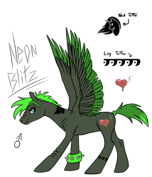 Size: 1800x2100 | Tagged: safe, artist:pampoke, imported from derpibooru, oc, oc only, oc:neon blitz, pegasus, pony, adopted offspring, male, parent:cheese sandwich, parent:pinkie pie, parents:cheesepie, scarred, simple background, solo, spiked wristband, spread wings, stallion, tattoo, transparent background, wings, wristband