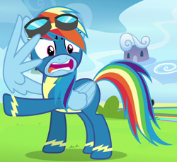 Size: 740x678 | Tagged: safe, imported from derpibooru, screencap, rainbow dash, pegasus, pony, parental glideance, clothes, cropped, female, goggles, mare, raised hoof, solo, uniform, wonderbolts uniform