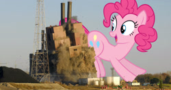 Size: 2600x1365 | Tagged: safe, artist:slb94, artist:theotterpony, imported from derpibooru, pinkie pie, earth pony, pony, butt bump, butt smash, demolition, giant pony, highrise ponies, irl, macro, photo, ponies in real life, solo, story included