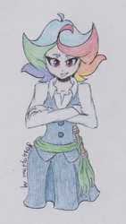 Size: 801x1424 | Tagged: safe, artist:marta4708, imported from derpibooru, rainbow dash, human, amanda o'neill, anime character ponified, clothes, cosplay, costume, crossover, female, humanized, little witch academia, skirt, solo, traditional art