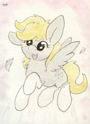 Size: 688x952 | Tagged: safe, artist:slightlyshade, imported from derpibooru, derpy hooves, pony, clothes, feather, female, socks, solo, traditional art