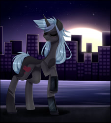 Size: 1400x1548 | Tagged: safe, artist:clefficia, imported from derpibooru, oc, oc only, pony, unicorn, building, city, eyes closed, female, gift art, mare, outdoors, raised hoof, scenery, signature, smiling, solo, standing, stars, twilight (astronomy), water