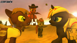 Size: 3840x2160 | Tagged: safe, artist:goatcanon, imported from derpibooru, oc, oc:calamity, oc:littlepip, oc:velvet remedy, earth pony, pegasus, pony, unicorn, fallout equestria, 3d, bartering, battle saddle, clothes, crossover, desert, fallout, fanfic, fanfic art, female, flirting, fluttershy medical saddlebag, gun, hat, horn, jumpsuit, male, mare, medical saddlebag, open mouth, pipbuck, rifle, saddle bag, source filmmaker, spritebot, stallion, teeth, vault suit, velamity, weapon, wings