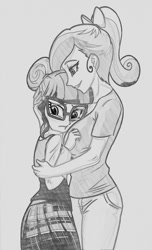 Size: 657x1080 | Tagged: safe, artist:5341456, artist:ta-na, edit, imported from derpibooru, princess cadance, sci-twi, twilight sparkle, equestria girls, art theft, clothes, cute, dean cadance, glasses, grayscale, hair bun, hug, jeans, monochrome, pants, ponytail, shirt, simple background, skirt, sweater vest, t-shirt, trace, traditional art, vest