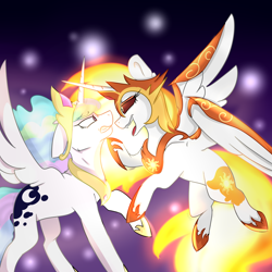 Size: 2000x2000 | Tagged: safe, artist:wazzy54, imported from derpibooru, daybreaker, princess celestia, alicorn, pony, a royal problem, duality, floppy ears, flying, swapped cutie marks