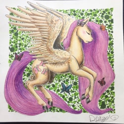 Size: 1024x1024 | Tagged: safe, artist:drago-draw, imported from derpibooru, fluttershy, butterfly, pony, eyes closed, female, flying, profile, solo, spread wings, traditional art, unshorn fetlocks, watermark, wings