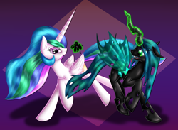 Size: 3000x2200 | Tagged: safe, artist:katakiuchi4u, imported from derpibooru, princess celestia, queen chrysalis, alicorn, changeling, changeling queen, pony, duo, fangs, female, glowing horn, looking at you, magic, mare, missing accessory, smiling