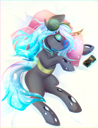 Size: 1665x2178 | Tagged: safe, artist:koveliana, imported from derpibooru, queen chrysalis, changeling, changeling queen, crying, cute, cutealis, eyeshadow, female, headphones, makeup, pillow, sleeping, solo