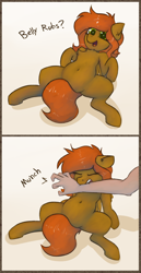 Size: 1704x3296 | Tagged: safe, artist:marsminer, imported from derpibooru, oc, oc only, oc:camber, human, 2 panel comic, behaving like a cat, belly button, bellyrubs, betrayal, biting, chest fluff, comic, dialogue, eyes closed, female, it's a trap, open mouth, pure unfiltered evil, smiling, spread legs, spreading