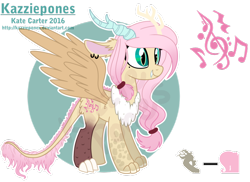 Size: 1024x747 | Tagged: safe, artist:kazziepones, imported from derpibooru, oc, oc only, oc:harmony, draconequus, hybrid, cutie mark, female, interspecies offspring, offspring, parent:discord, parent:fluttershy, parents:discoshy, reference sheet, simple background, smiling, solo, spread wings, transparent background, watermark, wings