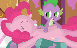 Size: 3561x2209 | Tagged: safe, alternate version, artist:porygon2z, imported from derpibooru, pinkie pie, spike, dragon, earth pony, pony, bed, bellyrubs, female, happy, inkscape, laughing, male, pinkiespike, shipping, smiling, straight, tickling, vector