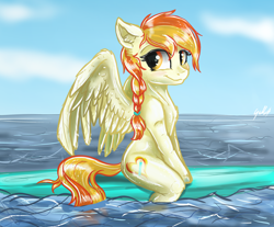 Size: 3322x2753 | Tagged: safe, artist:gaelledragons, imported from derpibooru, oc, oc only, oc:little flame, pegasus, pony, cute, female, mare, ocean, smiling, solo, surfboard, water