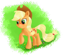 Size: 2379x2089 | Tagged: safe, artist:brok-enwings, imported from derpibooru, applejack, pony, cowboy hat, female, freckles, grass, hat, mare, raised hoof, solo, stetson