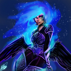 Size: 1000x1000 | Tagged: safe, artist:xxmarkingxx, imported from derpibooru, nightmare moon, human, armor, butt wings, clothes, female, hand on hip, humanized, lipstick, smiling, solo, winged humanization, wings