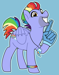 Size: 1795x2290 | Tagged: safe, artist:/d/non, imported from derpibooru, bow hothoof, pegasus, pony, parental glideance, 30 minute art challenge, blue background, foam finger, jewelry, male, necklace, simple background, solo, stallion, wwrdd?