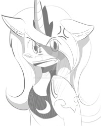 Size: 1024x1280 | Tagged: safe, artist:alesarox, imported from derpibooru, princess luna, pony, angry, anime, blushing, cross-popping veins, female, monochrome, raised hoof, solo