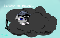 Size: 1411x904 | Tagged: safe, artist:chopsticks, imported from derpibooru, oc, oc only, oc:chopsticks, pegasus, pony, boop, clothes, cloud, confidentially cute, cute, hat, hiding, male, sky, smiling, smirk, solo, stallion, stormcloud, text