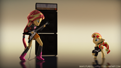 Size: 1600x900 | Tagged: safe, artist:imafutureguitarhero, imported from derpibooru, sunset shimmer, pony, equestria girls, 3d, adidas, amplifier, boots, cable, clothes, cute, electric guitar, female, floppy ears, flying v, gibson flying v, guitar, guitar amp, guitar cabinet, heavy metal, high heel boots, hoodie, human ponidox, jacket, leather jacket, mare, multicolored hair, multicolored mane, multicolored tail, musical instrument, musician, ponied up, raised hoof, reflection, rock (music), self paradox, self ponidox, shoes, skirt, source filmmaker, startled, sunset shredder, text, tracksuit, wide eyes