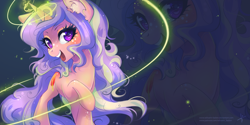 Size: 3464x1732 | Tagged: safe, artist:wilvarin-liadon, imported from derpibooru, oc, oc only, oc:lavender blush, pony, unicorn, commission, female, freckles, glowing horn, lavender blush, magic, mare, open mouth, raised hoof, smiling, solo