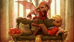 Size: 1920x1080 | Tagged: safe, artist:audrarius, edit, imported from derpibooru, applejack, fluttershy, anthro, bat pony, earth pony, unguligrade anthro, apple, chair, clothes, couch, detailed, dress, duo, epic, female, flutterbat, food, looking at you, race swap, reclining, spread wings, table, vest, wallpaper, wallpaper edit, window, wings