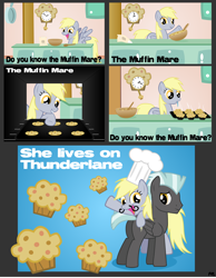 Size: 4744x6105 | Tagged: safe, artist:mythogamer, imported from derpibooru, derpy hooves, thunderlane, pegasus, pony, absurd resolution, comic, female, food, mare, muffin, muffin man, pun, scrunchy face, that pony sure does love muffins, the muffin man