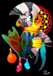 Size: 600x866 | Tagged: safe, artist:ii-art, imported from derpibooru, zecora, zebra, black background, ear piercing, female, mask, piercing, potion, simple background, smiling, solo, watermark