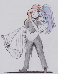 Size: 1140x1446 | Tagged: safe, artist:marta4708, imported from derpibooru, aria blaze, sunset shimmer, equestria girls, bridal carry, clothes, dress, female, human coloration, lesbian, shipping, sunblaze, traditional art, wedding dress