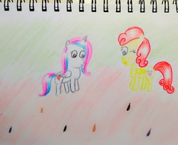 Size: 1278x1042 | Tagged: safe, artist:sumi-mlp25, imported from derpibooru, strawberry sunrise, oc, oc:sumistrawberry, alicorn, pegasus, pony, alicorn oc, duo, one eye closed, traditional art, wink