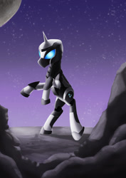 Size: 1024x1448 | Tagged: safe, artist:casparraillen, imported from derpibooru, rocky, oc, oc only, oc:trueheart, pony, unicorn, armor, asteroid, clothes, exosuit, mechanical, moon, nova armor, power, power armor, rock, science, science fiction, semi-realistic, solo, space, spacesuit, stars, suit, trueheart