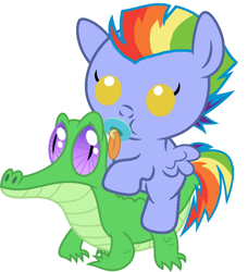 Size: 836x917 | Tagged: safe, artist:red4567, imported from derpibooru, bow hothoof, gummy, pegasus, pony, parental glideance, baby, baby pony, bow hothoof riding gummy, bowabetes, cute, pacifier, ponies riding gators, riding, simple background, white background