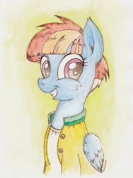 Size: 603x800 | Tagged: safe, artist:daisymane, imported from derpibooru, windy whistles, pegasus, pony, clothes, female, freckles, grin, looking at you, mare, mother, smiling, solo, traditional art