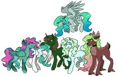 Size: 2400x1529 | Tagged: safe, artist:kikirdcz, imported from derpibooru, oc, oc only, oc:angelablast, oc:bea, oc:blacknature, oc:cotton, oc:marie glass, oc:nimi, deer pony, original species, pegasus, pony, unicorn, curved horn, female, mare, simple background, transparent background