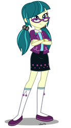 Size: 2000x3600 | Tagged: safe, artist:mixiepie, imported from derpibooru, juniper montage, equestria girls, movie magic, spoiler:eqg specials, clothes, crossed arms, female, glasses, kneesocks, pigtails, simple background, skirt, smiling, socks, solo, transparent background, vector