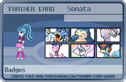 Size: 622x408 | Tagged: safe, artist:botchan-mlp, imported from derpibooru, sonata dusk, altaria, ampharos, goodra, gyarados, keldeo, pony, snorlax, cute, pixel art, pokémon, sonatabetes, trainer card