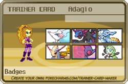 Size: 622x408 | Tagged: safe, artist:botchan-mlp, imported from derpibooru, adagio dazzle, hydreigon, kingdra, meloetta, milotic, sableye, equestria girls, adoragio, cute, pixel art, pokémon, primarina, trainer card