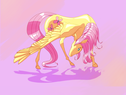 Size: 1024x768 | Tagged: safe, artist:chronodia, imported from derpibooru, fluttershy, pegasus, pony, female, head turn, solo, spread wings, standing, style emulation, the last unicorn, turned head, wings