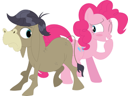 Size: 3575x2692 | Tagged: safe, artist:porygon2z, imported from derpibooru, cranky doodle donkey, pinkie pie, donkey, earth pony, pony, blushing, butt bump, duo, female, male, mare, simple background, transparent background, vector