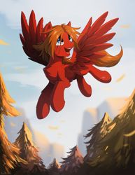 Size: 986x1280 | Tagged: safe, artist:hioshiru, imported from derpibooru, oc, oc only, oc:mile high, pegasus, pony, flying, male, mountain, sky, solo, stallion, tree, ych result