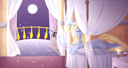 Size: 4800x2579 | Tagged: safe, artist:scarlet-spectrum, imported from derpibooru, oc, oc only, pony, unicorn, absurd resolution, balcony, bedroom, commission, female, full moon, glowing horn, magic, mare, moon, night, prone, rapier, smiling, solo, sword, weapon