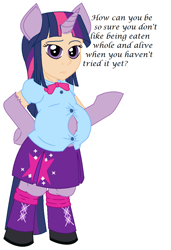 Size: 837x1222 | Tagged: safe, artist:adlaz, imported from derpibooru, twilight sparkle, hybrid, abomination, bipedal, chubby, clothes, equestria girls outfit, fat, female, implied vore, simple background, solo, sphinxlight sparkle, twipred, white background