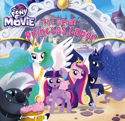 Size: 3102x3000 | Tagged: safe, artist:amy mebberson, artist:amymebberson, imported from derpibooru, grubber, princess cadance, princess celestia, princess luna, twilight sparkle, alicorn, pony, my little pony: the movie, the great princess caper, alicorn tetrarchy, cake, food, twilight sparkle (alicorn)