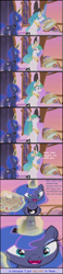 Size: 714x3082 | Tagged: safe, edit, edited screencap, imported from derpibooru, screencap, princess celestia, princess luna, pony, a royal problem, comic, flapjacks, food, humor, lying, pancakes, popstar (movie), reference, screencap comic, the lonely island, trolluna, vulgar, zoom in