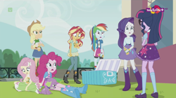 Size: 1136x638 | Tagged: safe, imported from derpibooru, screencap, applejack, fluttershy, pinkie pie, rainbow dash, rarity, sci-twi, spike, spike the regular dog, sunset shimmer, twilight sparkle, dog, dance magic, equestria girls, spoiler:eqg specials, boots, disappointed, humane five, humane seven, humane six, mary janes, ponytail, sad, sci-twi outfits, teletoon