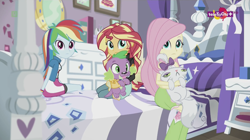 Size: 1136x638 | Tagged: safe, imported from derpibooru, screencap, fluttershy, opalescence, rainbow dash, spike, spike the regular dog, sunset shimmer, dog, dance magic, equestria girls, spoiler:eqg specials, bed, bedroom, rarity's bedroom (equestria girls), sitting, teletoon