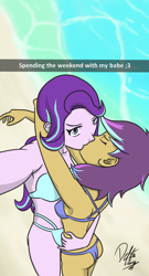 Size: 700x1300 | Tagged: safe, artist:deltalima, imported from derpibooru, starlight glimmer, oc, equestria girls, beach, bikini, canon x oc, clothes, female, kissing, lesbian, looking at you, selfie, snapchat, swimsuit