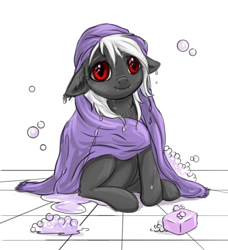 Size: 2200x2414 | Tagged: safe, artist:kovoranu, imported from derpibooru, oc, oc only, oc:dusty fang, bat pony, pony, bat pony oc, cute, female, floppy ears, looking at you, mare, red eyes, soap, solo, towel, wet mane