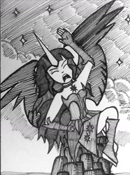 Size: 1313x1764 | Tagged: safe, artist:php71, deleted from derpibooru, imported from derpibooru, sci-twi, twilight sparkle, equestria girls, female, midnight sparkle, monochrome, solo, traditional art