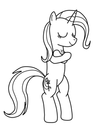 Size: 750x950 | Tagged: safe, artist:sutekh94, imported from derpibooru, trixie, pony, unicorn, bipedal, black and white, crossed hooves, eyes closed, female, grayscale, monochrome, simple background, sketch, smiling, solo, white background