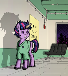 Size: 960x1080 | Tagged: safe, artist:dreamingnoctis, imported from derpibooru, twilight sparkle, pony, ask asylum twilight, anxiety, asylum, barcelona chair, chair, dusk shine, fear, fire alarm, horn sleeve, magic suppression, male, night, point perspective, rule 63, scared, shadow, solo, stallion, window